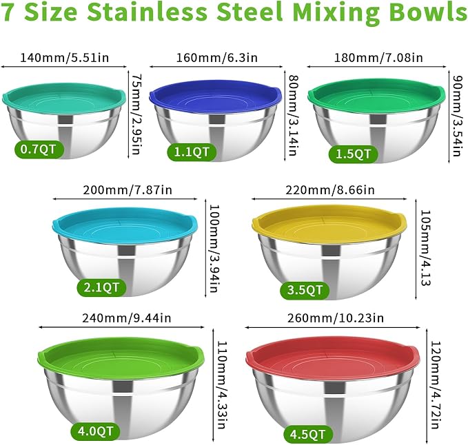 Stainless Steel Mixing Bowls with Color Lids, 7-Piece Set | Includes 7 bowls (0.7-4.5 QT) with colorful lids, stackable stainless steel mixing bowls for baking, serving and storage