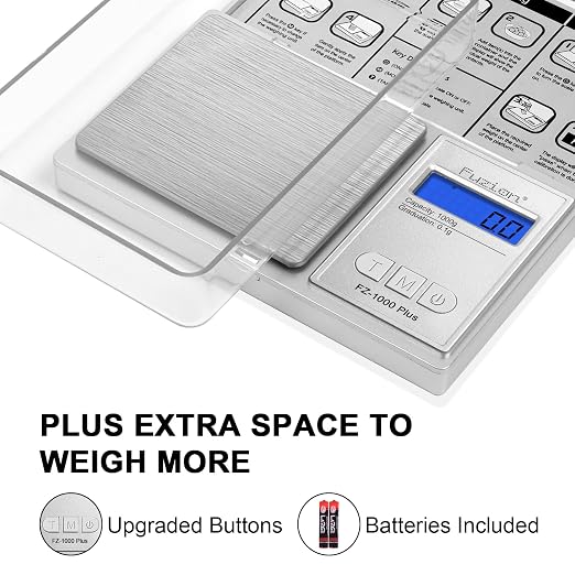 Fuzion Digital Pocket Gram Scale 0.1g/1000g - Small Kitchen Scale with Tray | Weighs Small Food, Spice, Herb, Coin - Easy of Use, LCD Display, Tare Function, 6 Modes Ounces Grains, Batteries Included