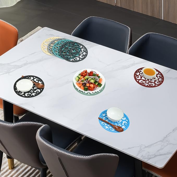 Silicone Trivet Mat, Heat Mat for Hot Pots and Pans, Multi-Use Intricately Carved Hot Pads and Mats, Flexible Modern Kitchen Table Mat, Heat Resistant Round Big Coaster Set of 3 Burgundy