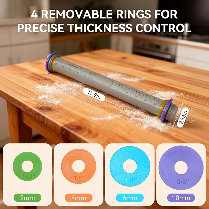Adjustable Rolling Pin with Thickness Rings, Silicone Dough Roller | 4 thickness rings, Non-stick silicone surface, Stainless steel core, 12.8" rolling pin, For pizza pastry cookie baking