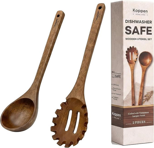 Koppen Dishwasher Safe Wooden Set, Durable Acacia Wood Ladel and Soup Spoon for Nonstick Cookware, Non Toxic, Heat Resistant, Smooth Grip, 2 Piece Set