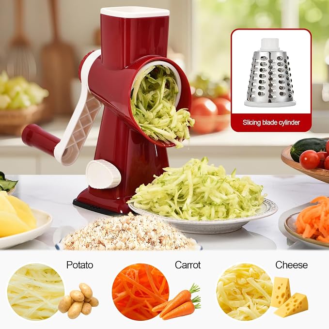 Rotary Cheese Grater Manual Hand Crank 3-in-1 Vegetable Shredder | Finger-safe design, stainless steel drums, suction base. Perfect for cheese, vegetables, nuts & chocolate. Easy to clean