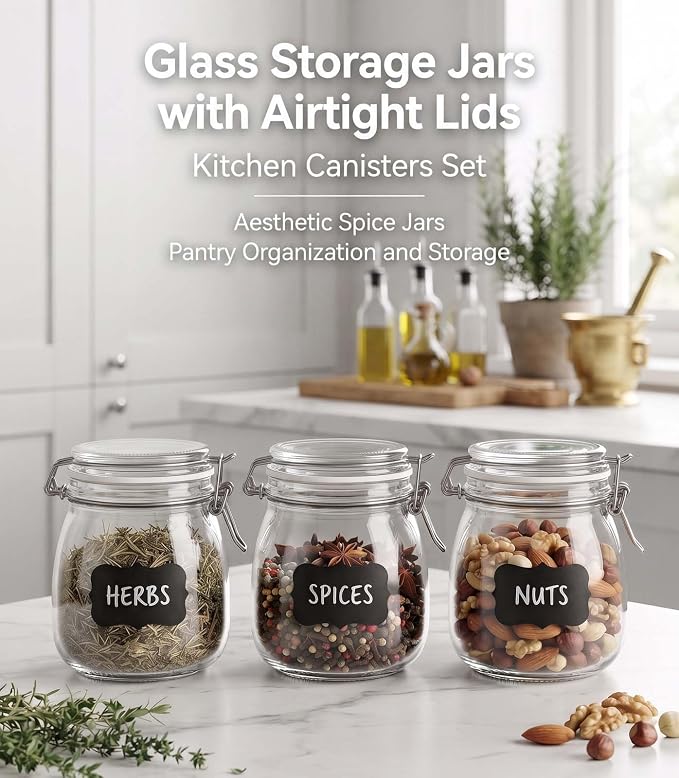 17 oz Glass Jars 4Pack with Airtight Lids,Wide Mouth Food Storage Canisters | Leakproof seal, moisture-proof pantry organization, heavy-duty borosilicate glass, ideal for flour, sugar, coffee, pasta