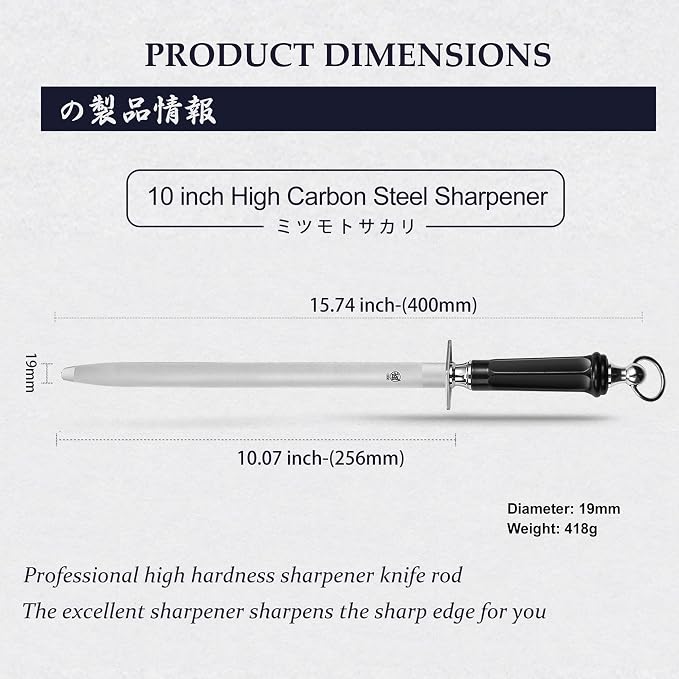 MITSUMOTO SAKARI 10-Inch Flat Diamond Knife Sharpening Rod, ABS Handle | Flat diamond surface for broader blade contact, high carbon steel rod, ABS handle and built-in magnet