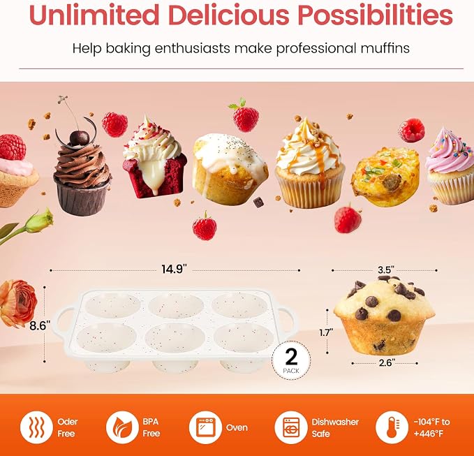 Silicone Jumbo Muffin Pan with Metal Frame, Non Stick Food Grade Silicone Large Muffin Pan Set of 2, with Handles 6 Cup,BPA-Free and Dishwasher Safe, Jumbo Cupcake Pans