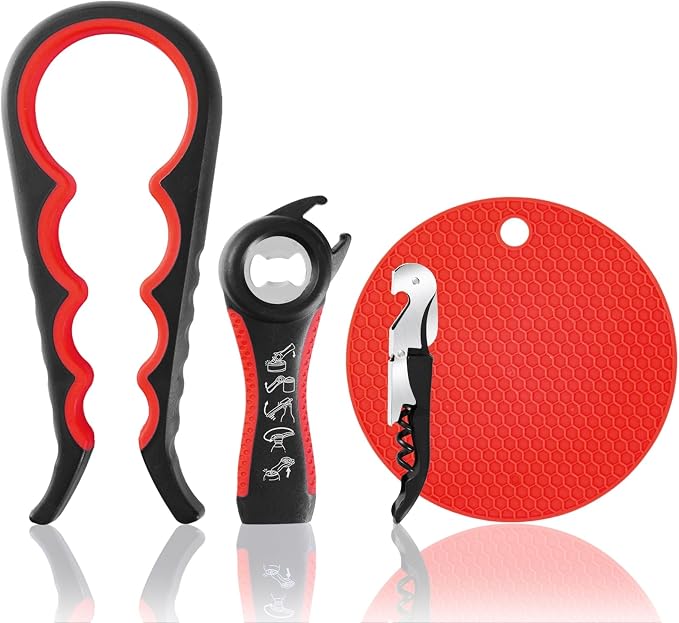 Bloss Jar Opener Can Opener Kitchen Grippers, Multi-use Lid Opener Set | Anti-skid Jar Openers for Weak hands, Seniors with Arthritis, Includes Non-slip Rubber Gripper Pad & Wine Opener, Black Red