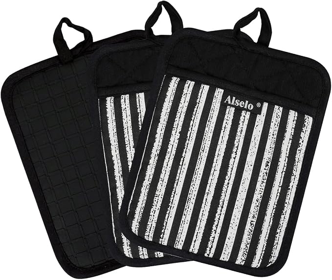 Alselo Silicone Pot Holders Set of 3 Heat Resistant & Non Slip Potholders, Professional Oven Hot Pads with Pockets Mitts for Kitchen Cooking Baking Barbecue (3, Black)
