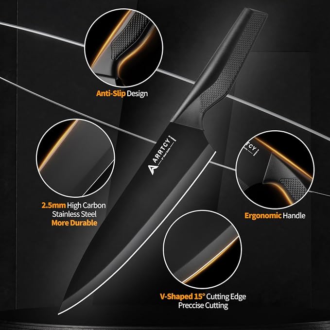 Knife Set with Block - Kitchen Knife Set German High-Carbon Steel - 15-Piece with Built-in Sharpener & Dishwasher Safe - Ergonomic Anti-Slip Handles,Black,Gift Box Included