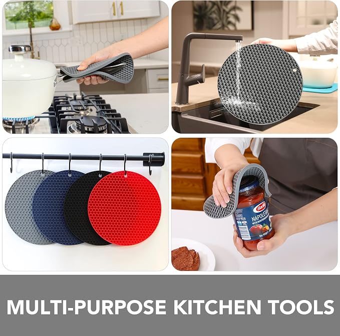 4 Pack Silicone Trivet for Hot Dishes | Heat Resistant Silicone Pot Holders for Kitchen Countertops, Hot Dishes, Jar Opener, Spoon Holder, Easy to Wash and Dry, Grey