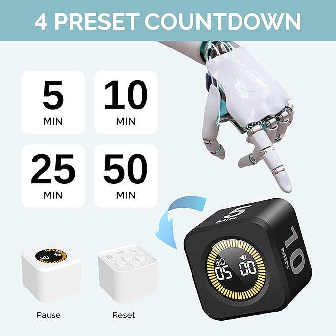 KADAMS Pomodoro Timer Visual - Productivity Pomodoro Cube, 5/10/25/50 Min Countdown & Countup, Silent – Ideal for Work Study Cook Workout Kitchen School Classroom Office ADHD Gift Kids (1, Black)