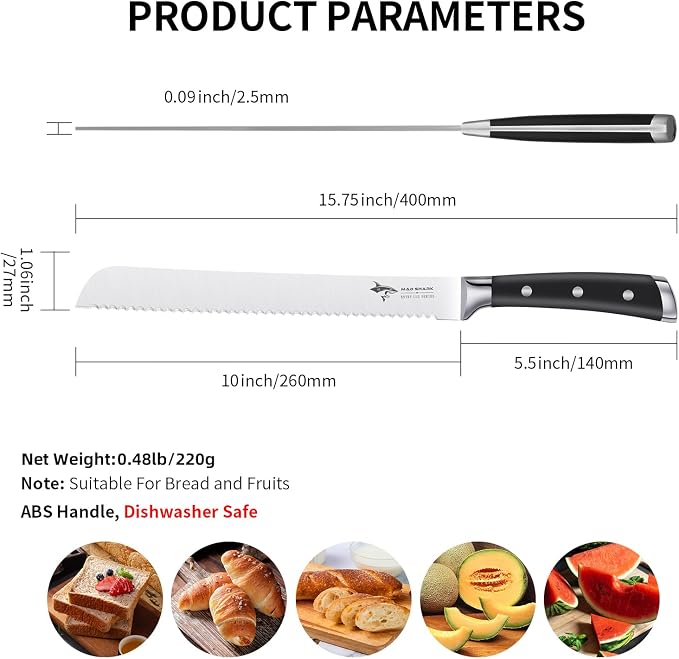 MAD SHARK Bread Knife, Sourdough Bread Knives, Bread Cutter Razor Sharp Edge for Efficient Slicing Sourdough, Bagels, Cake Cutter, 10 Inch Serrated Knife