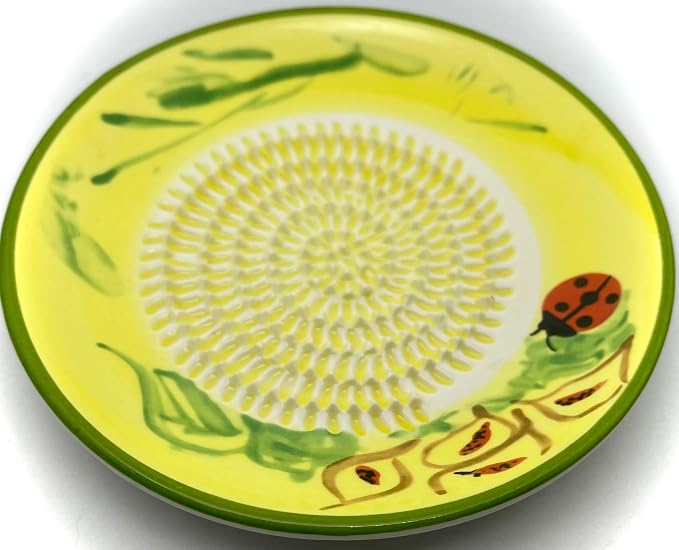 BonCera, All-in-one Premium Ceramic Garlic Grater Plate 4-Piece Set - Ladybug Design, Classic Style - For Garlic, Ginger, Chocolate, and more! - Comes with 5.25" Plate, Peeler, Brush, and Stand