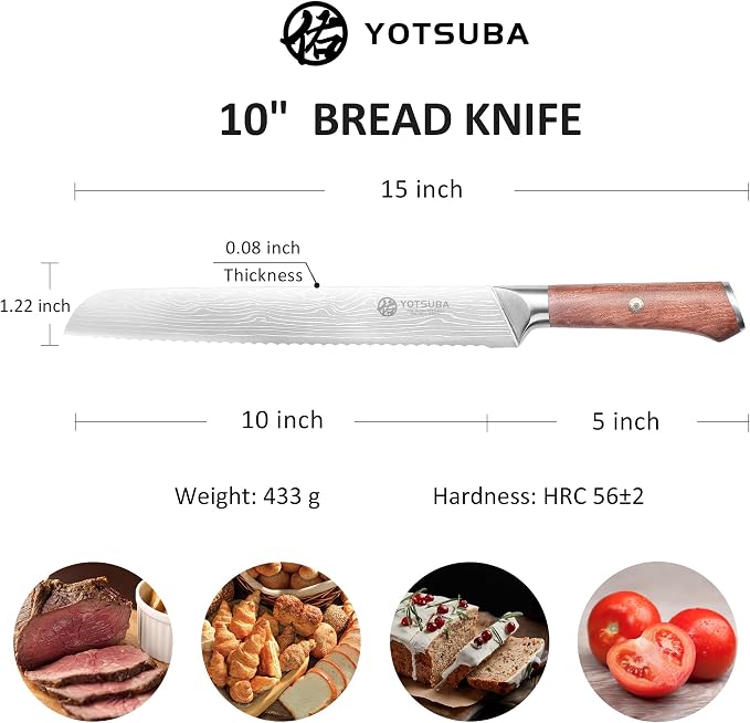 YOTSUBA 10" Japanese Bread Knife – Serrated Blade, High Carbon Japanese Stainless Steel with Natural Rosewood Handle, Perfect for Sourdough, Sandwich & Crusty Bread, Great Gift for Home Bakers