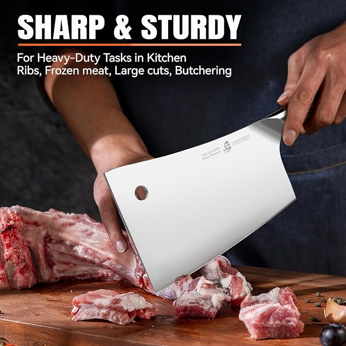 TUO Meat Cleaver, 7 inch Heavy Duty Bone Chopper, High Carbon German Stainless Steel Butcher Knife, Pakkawood Handle Kitchen Chopping Knife with Gift Box - Fiery Phoenix Series