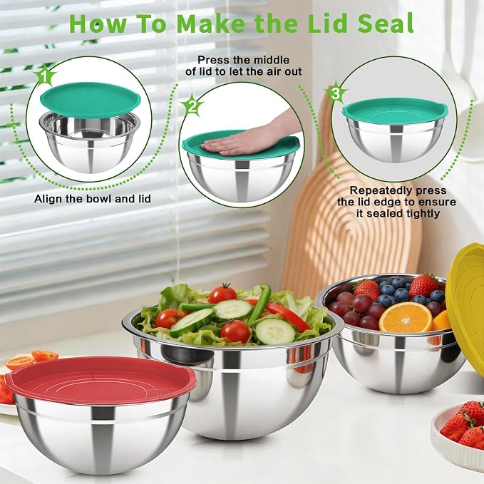 Stainless Steel Mixing Bowls with Color Lids, 7-Piece Set | Includes 7 bowls (0.7-4.5 QT) with colorful lids, stackable stainless steel mixing bowls for baking, serving and storage