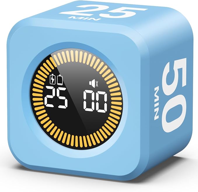 KADAMS Visual Timer – Cube Pomodoro Timer, LED Countdown Ring & Count Up Mode, Silent Flip Productivity Timer for Study, Classroom, Office, Cooking (Blue 5-10-25-50 min)
