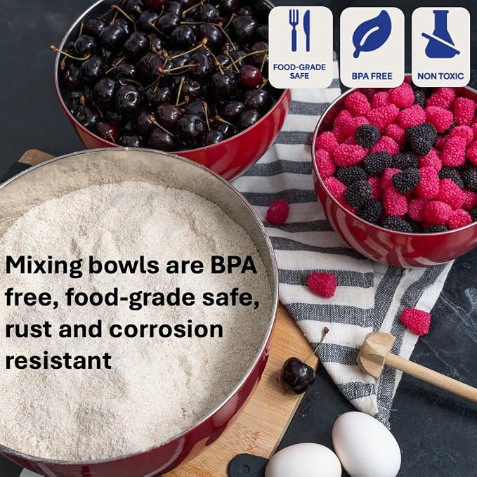 Stainless Steel Mixing Bowls Set, 3-Piece with Silicone Base | 1.5, 3 & 5 Qt Metal Bowls for Meal Prep, Baking, Cooking, Serving & Food Storage, Non-Slip Base, Dishwasher Safe, Red