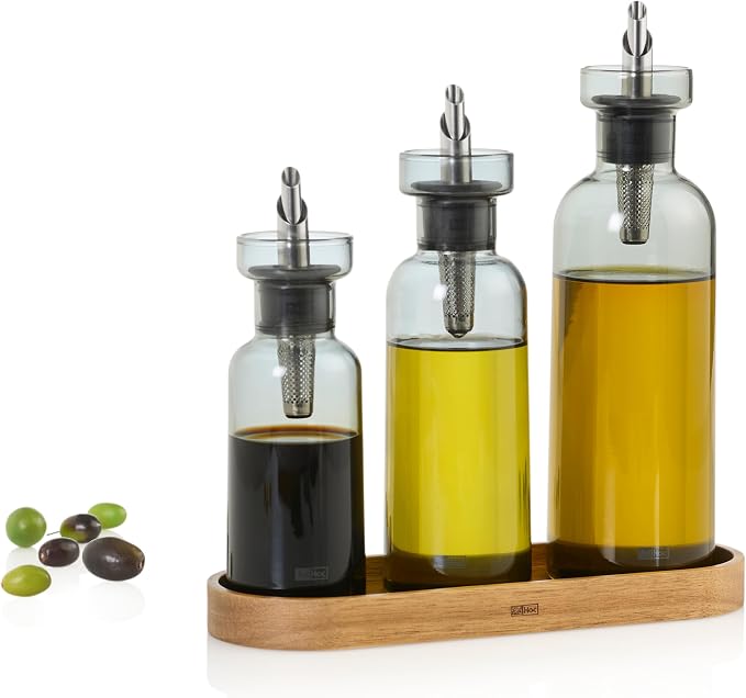 AdHoc AromaPour Grey Glass Oil and Vinegar Bottle Set, 2x 300ml Filtered Non-Drip Dispenser for Oil and Vinegar, Dishwasher Safe,