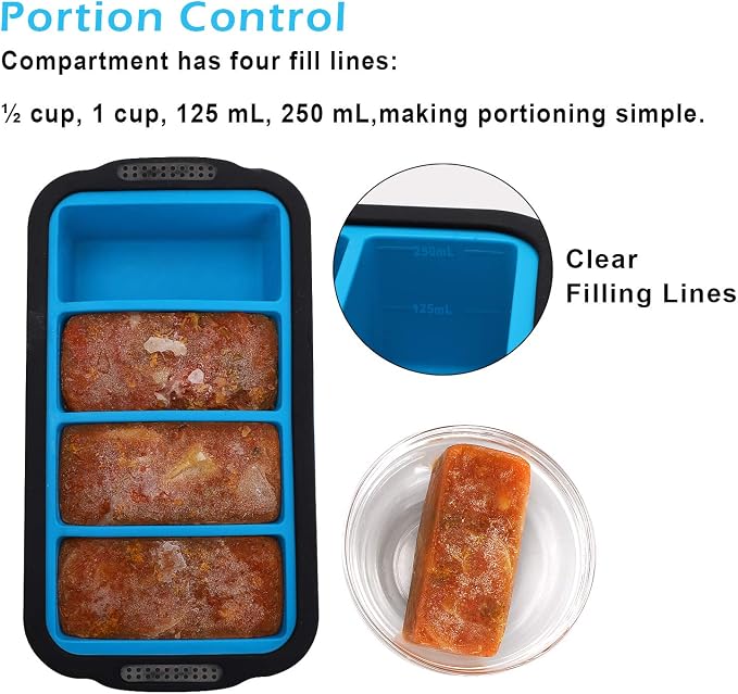 Aichoof 1 Cup Extra Large Silicone Cube Freezing Trays with Silicone lid for soup saver, Silicone Freezer Container for broth,sauce or butter -makes 4 great portions 1cup ice Cube(2 PACK, Blue)