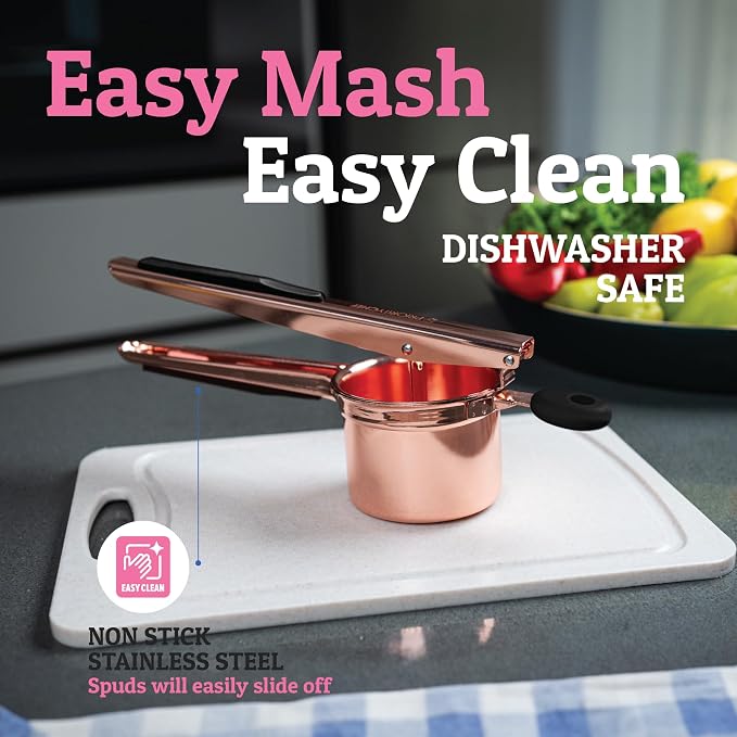 PriorityChef Large 15oz Potato Ricer, Heavy Duty Stainless Steel Potato Masher and Ricer Kitchen Tool, Press and Mash Kitchen Gadget For Perfect Mashed Potatoes - Everytime, Rose Gold and Black