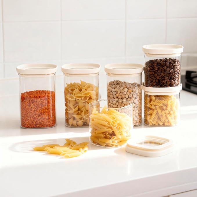 Glass Food Storage Jar with Glass Lid in Square Shape, Food Canister Set with Airtight Lids, Pantry Jars for Kitchen Organization, Food Storage Containers in Set of 6