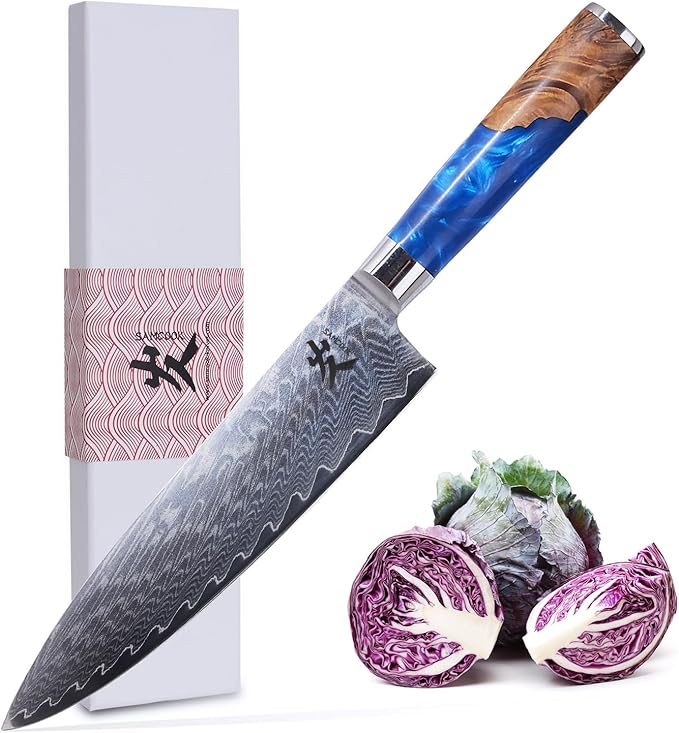 SAMCOOK Damascus Chef Knife - 8 Inch Professional Sharp Gyuto Knife,High Carbon Stainless Steel Kitchen Cooking knife - Ergonomic Blue Resin Wood Handle with Gift Box