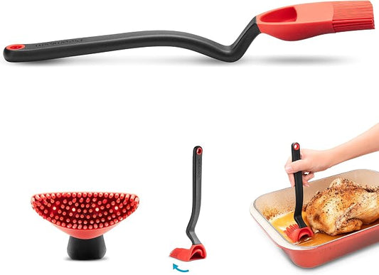 Dreamfarm Brizzle 3-In-1 Flexible Silicone Sit-Up Basting, Drizzle, Scooping Brush with In-Built Sauce Resevoir - Red | Sit-up, mess-free BBQ and pastry brush, flexible bristles, scoop and drizzle baster, holds 1 tbsp of liquid