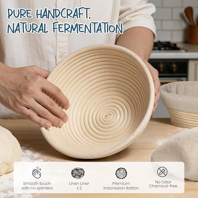 RORECAY Bread Banneton Proofing Basket Set, 9 Inch Round & 10 Inch Oval Cane Sourdough Baskets with Dough Whisk Lame Dough Scraper Bowl Scraper Silicone Brush Sourdough Bread Baking Supplies