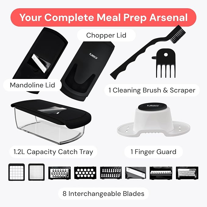Fullstar Pro Original Vegetable Chopper & Mandoline - Chopper & Mandoline Lids - Food Chopper with Container, Fruit Slicer, Onion Dicer - All-in-One Prep Tool - Kitchen Gadgets & Gifts (8 in 1, Black)