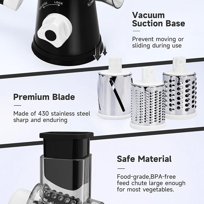 Rotary Cheese Grater with Handle, Kitchen Mandoline Vegetable Slicer with 3 Interchangeable Blades & Strong Suction Base, Easy to Clean Grater for Vegetables, Fruit, Nuts, Black