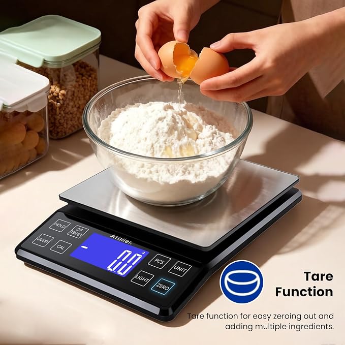 Rechargeable Digital Kitchen Scale, 0.1g Resolution Max 5kg 11Ibs | Food Scale with PCS Counting, Hold, Tare Functions, 6.3"x6.3" Large Stainless Steel Platform, for Cooking, Baking, Meal Prep