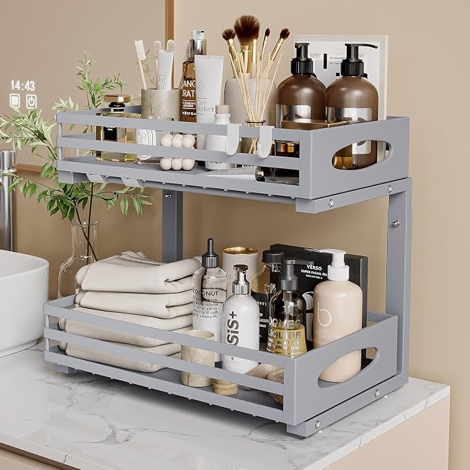 Under Sink Organizer, 2 Tier Under Sink Organizers and Storage, Adjustable Height, Slide out Metal Cabinet Organizers, Pull out Cabinet Storage Drawer Shelf for Kitchen Bathroom (Gray, 2 Pack)
