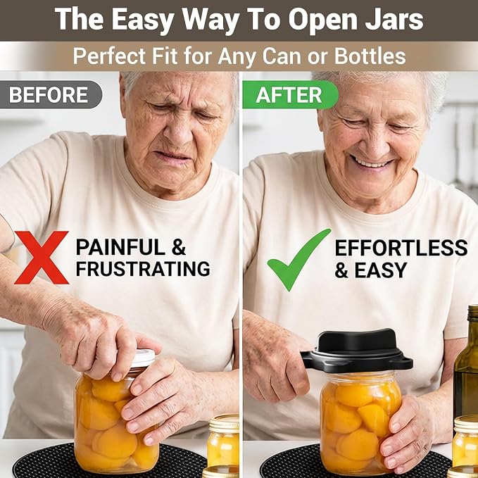 4-In-1 Adjustable Jar Opener for Seniors & Weak Hands, Lid Opener with Non-Slip Grip, Stainless Steel Jar Lid Opener, for Jars, Bottles & Cans (Black)