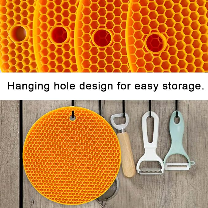 7-Inch Round Silicone Trivet Mats - 4-Pack Non-Slip Heat Resistant Hot Pads for Kitchen Countertops, Pots and Pans (Orange)