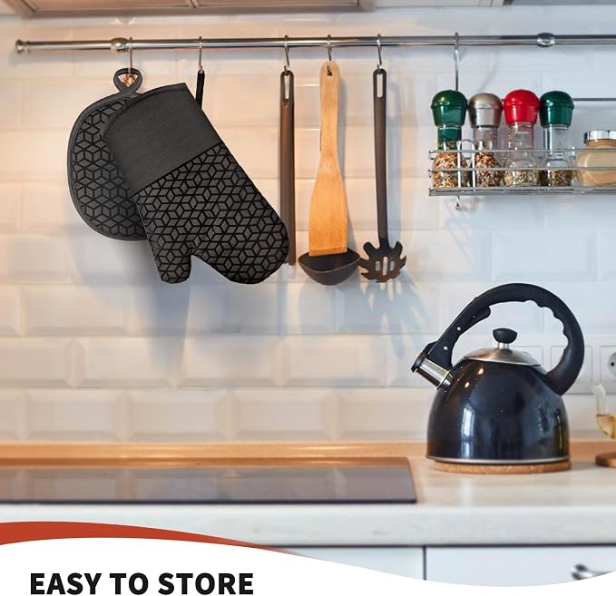 Oven Mitts and Pot Holders,500 ℉ Heat Resistant Oven Mitts Sets,Silicone Oven Gloves, Non-Slip Silicone Textured Grip,Black