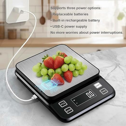 Waterproof Digital Kitchen Scale 0.1g/0.001oz Precision, Stainless Steel Electronic Scale with 3 Power Options (Rechargeable/AAA/Built-in), 10 Units Conversion, Smart Standby, 5kg/11lb Capacity