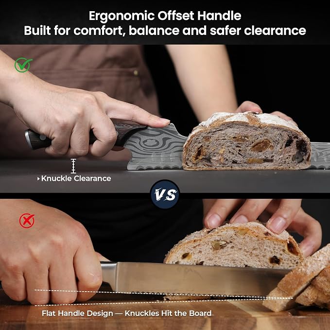 SYOKAMI 2026 New Upgraded Offset Bread Knife for Homemade Bread, 10.5 Inch Resharpenable Serrated Knife, Ultra-Sharp Sourdough Slicing, Perfect Kitchen Gift, Designed for Cutting Cakes, Fruits & Meat