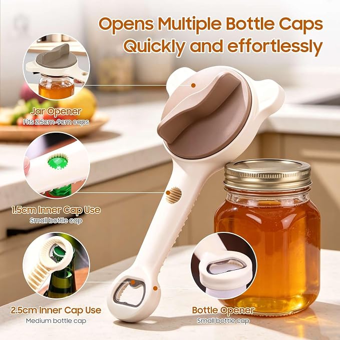 4-in-1 Adjustable Stainless Steel Jar Opener for Seniors Arthritic & Weak Hands, Manual Lid Gripper for Mason Pickle Sauce Jam Soda Wine Jars, Compact Practical Home RV Kitchen Gadget