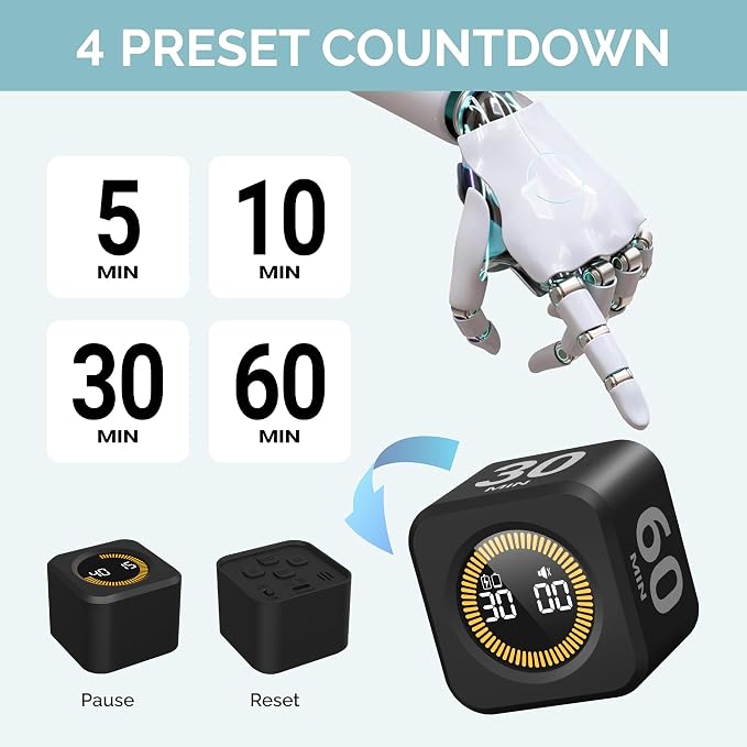 KADAMS Pomodoro Timer – Visual Cube with 5/10/30/60 Min Presets, LED Countdown Ring & Count Up Mode, Silent Flip Productivity Timer for Study, Classroom, Office, Cooking
