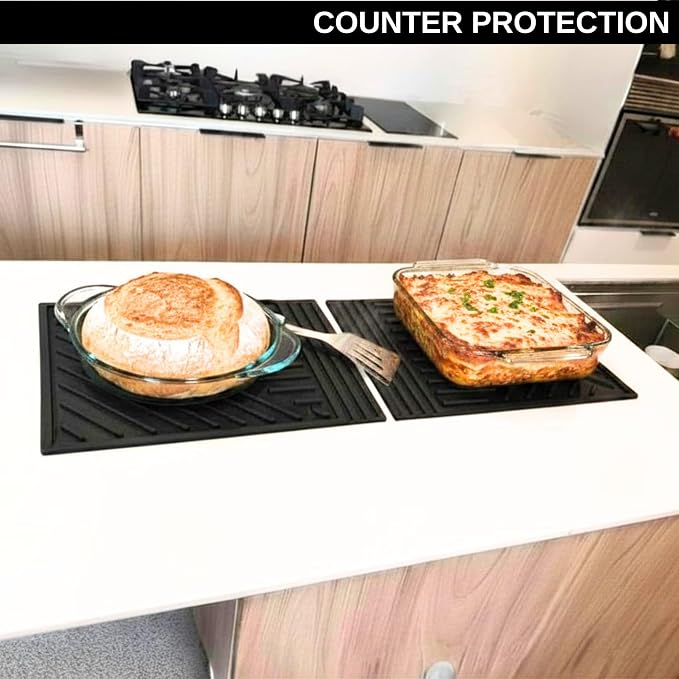Extra Large Silicone Trivets for Hot Pots and Pans 2 Pack 16x12in with Thick Modern Design, Hot Dishes, Heat Resistant Hot Pads for Kitchen Counter- Black