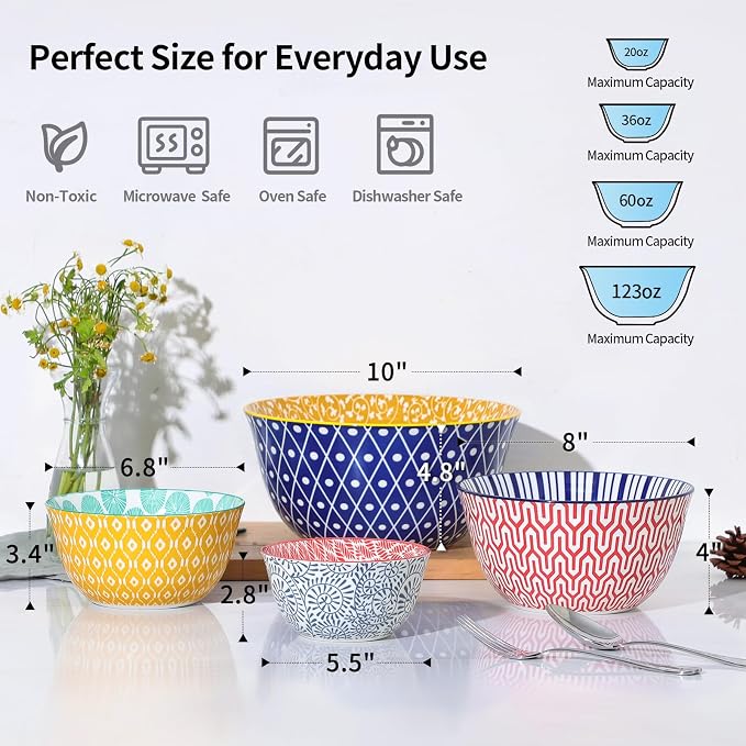 Selamica Ceramic Mixing Bowls, Nesting Bowls Set of 4 for Baking, Prepping, Cooking, Salad, 20/36/60/123 oz, Microwave & Dishwasher Safe, Assorted Colors