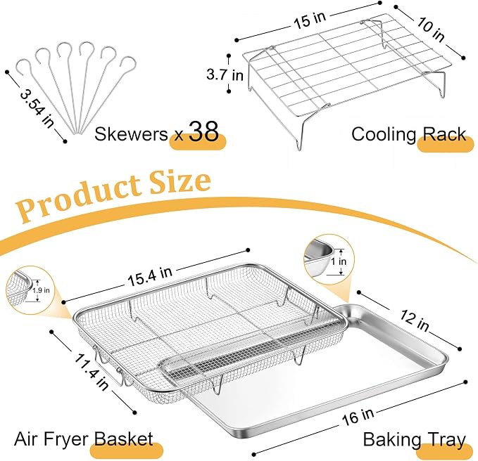 E-far Air Fryer Basket for Oven, Large Stainless Steel Baking Sheet Pan and Crisper Tray with Collapsible Cooling Rack & 38 Skewers for Oven Cooking Air Frying Roasting Grilling, Dishwasher Safe