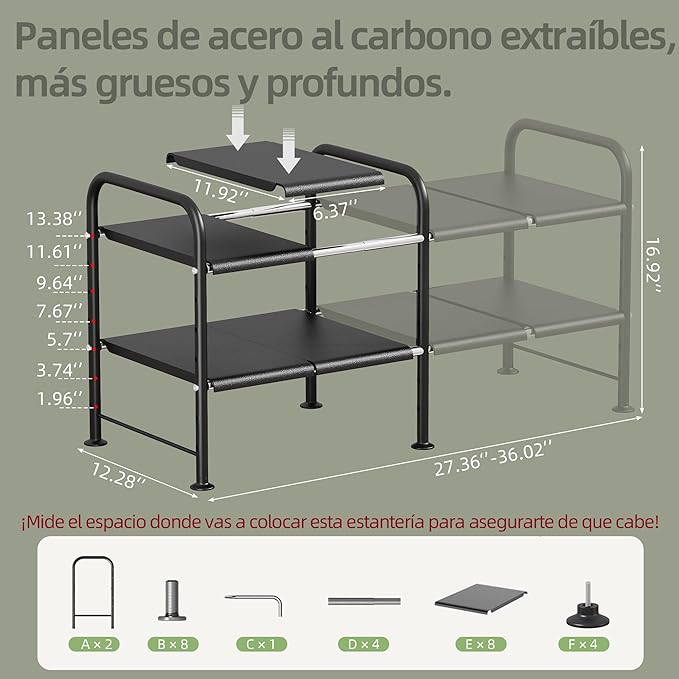Under Sink Organizers and Storage,Expandable under cabinet organizer Shelf | 2 tier expandable shelf for kitchen and bathroom,8 Removable Carbon Steel Panels,27.36-36.02" W x 12.28" D x 16.93" H