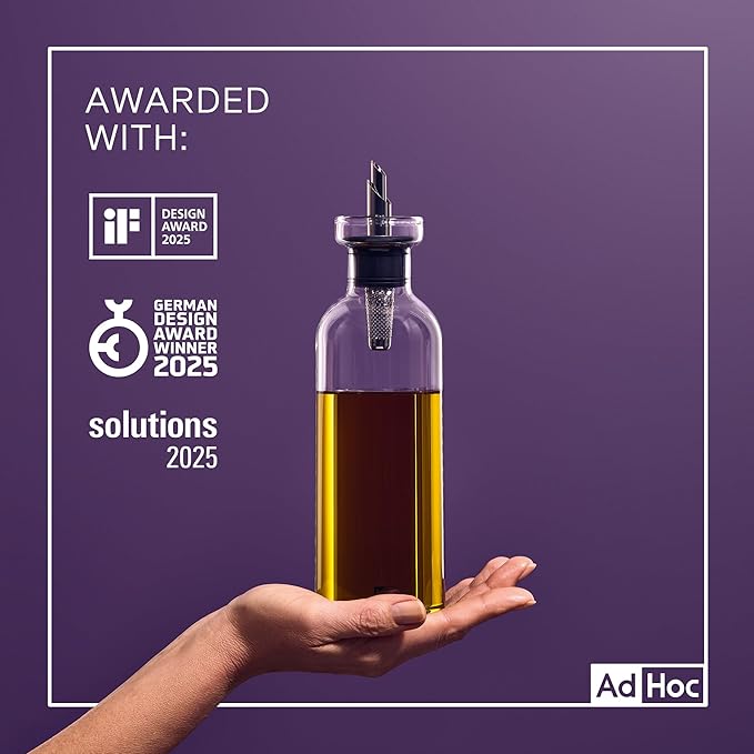 AdHoc AromaPour Grey Glass Oil and Vinegar Bottle, 300ml Filtered Non-Drip Dispenser for Oil and Vinegar, Dishwasher Safe,