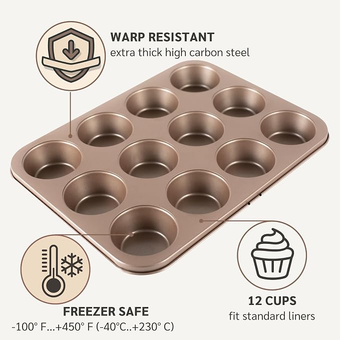 12 Cup Muffin Pan Nonstick, PFOA & BPA Free | | Non-Toxic - High Carbon Steel - Gold - Cupcake Tin for Oven Baking