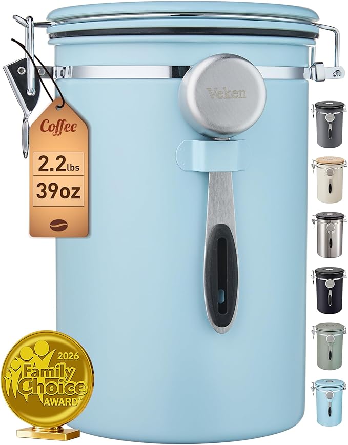 Veken Coffee Canister,39OZ, 2.2lbs,Large Airtight Stainless Steel Container | Kitchen Food Storage Jars for Beans, Ground, Espresso, Rice,Tea, Sugar, Cereal, Cookie, Gifts, Lids, Scoop, Blue