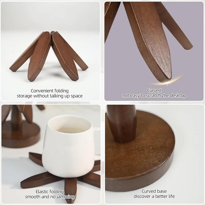 Wooden Trivet Tree for Hot Dishes, 4 Coasters + Stand, Walnut Finish | Foldable hot plate holder set with 4 wooden trivets and compact stand.