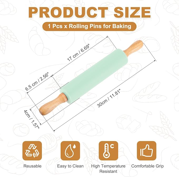 uxcell Rolling Pins for Baking, 12 Inch Silicone Non-Stick Rolling Pin Baking Roller Wooden Handle for Home Kitchen Dough Cookies Pastry, Light Green