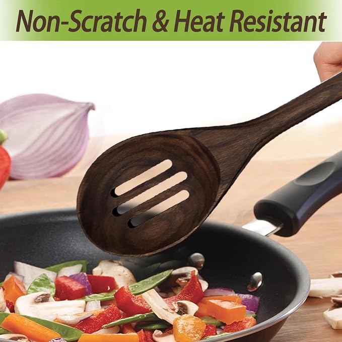 13.5" Walnut Wood Slotted Spoon, Wooden Cooking Utensil with Holes for Draining, Long Handle Kitchen Serving Spoon for Mixing Stirring, Non-Stick