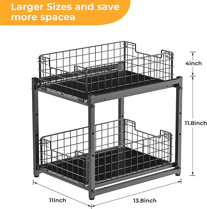 Under Sink Organizer, 2-Tier Pull Out Cabinet Organizer, Kitchen Bathroom Organizer and Storage, Spice Rack for Kitchen, Multi-use Sliding Drawers Shelves (1, Black)